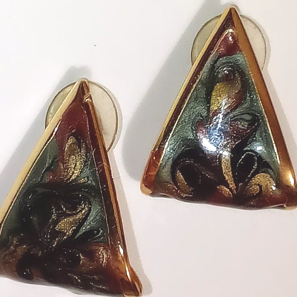 VINTAGE TRIANGLE SHAPED DROP PIERCED EARRINGS GREEN/GOLD